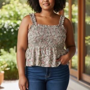Old Navy Peach and Green Floral Smocked Ruffle-strap Tank